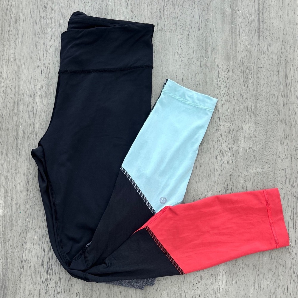 Lululemon Colorblock Leggings Black Gray Red Blue Size 6 Zipper Pocket 25 Inseam